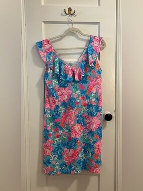 Lilly Pulitzer Blue & Pink Floral Ruffle-Sleeve Dress Size Medium